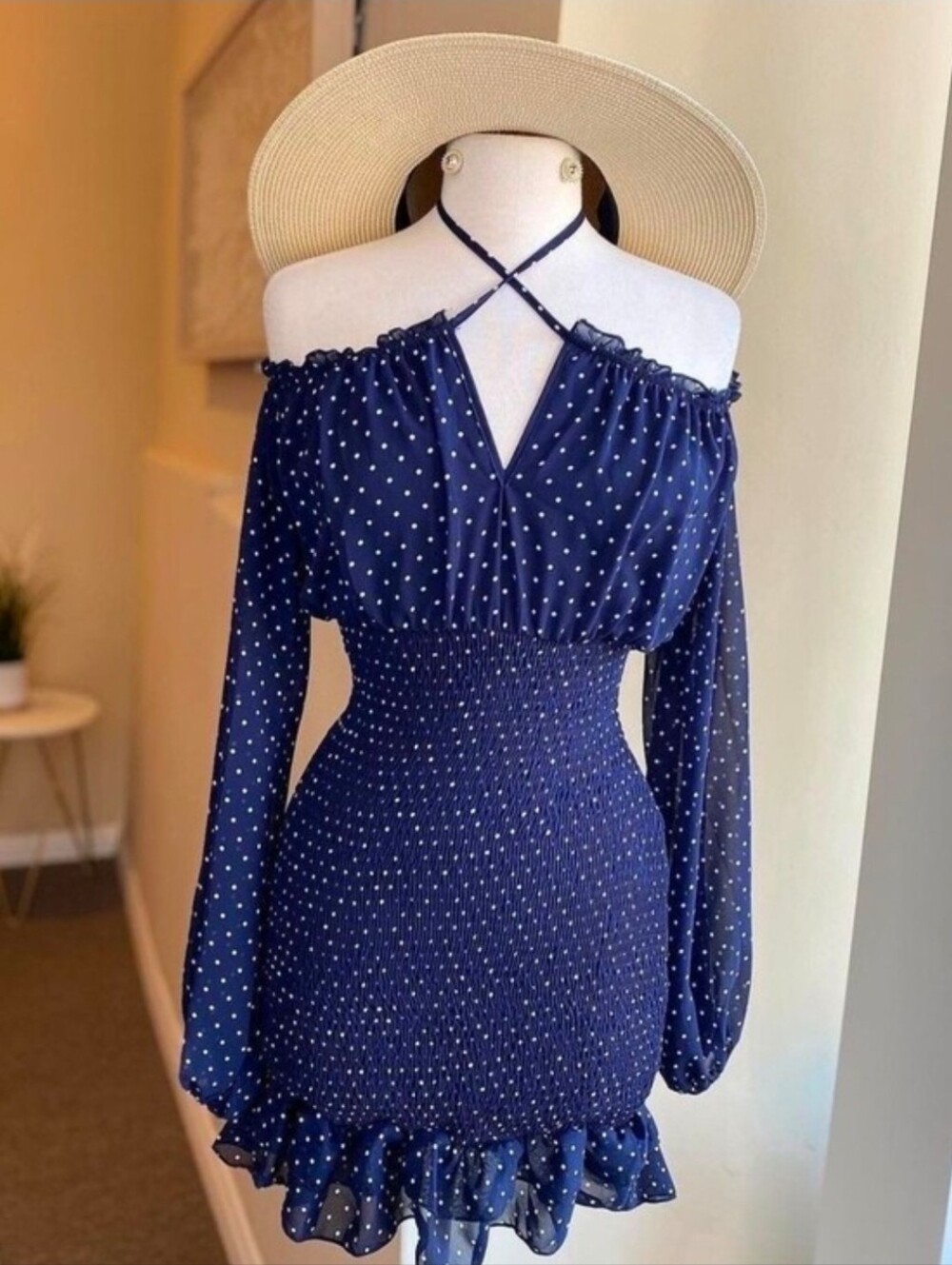 Navy Polka Dot Long-Sleeve Smocked Waist Dress by